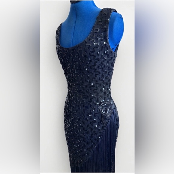 vintage 70s 80s dave and johnny sequin beaded Fringed Flapper Dress sleeveless - Picture 2 of 16